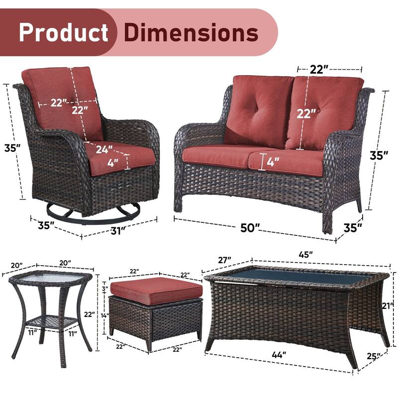 Pocassy Outdoor Sofa Swivel Chairs Table Ottoman 4 Inch Set