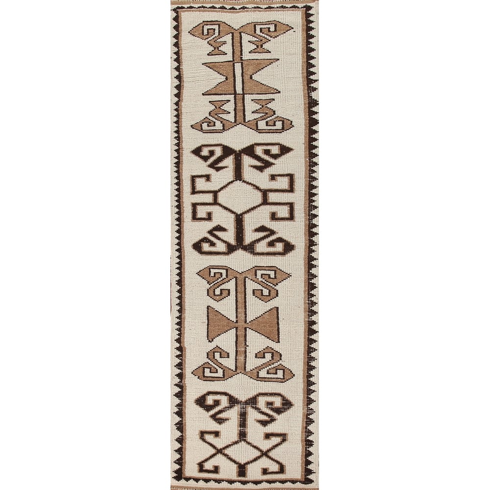 Natural Dye Ivory Anatolian Turkish Runner Rug Handmade Wool Carpet - 2'7"x 11'9"