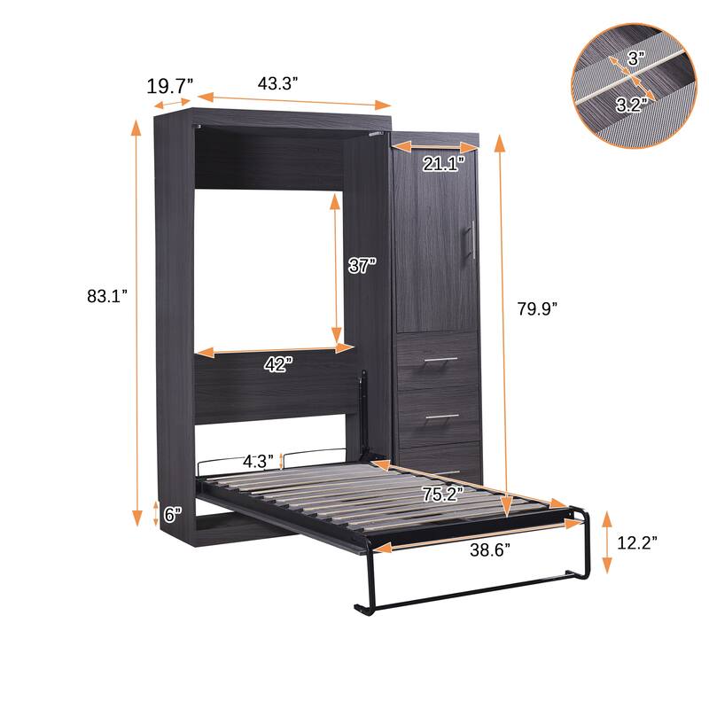 Foldable Twin/Full Murphy Bed with Wardrobe and Drawers, Storage Cabinet, No Box Spring Needed