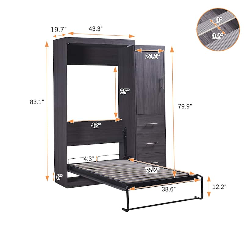 Murphy Bed with Wardrobe and 3 Storage Drawers, Pine Wood Multifunctional Wall Bed