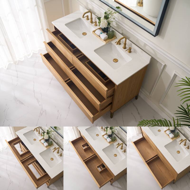 36"/48"/60" W Width Solid Wood Bathroom Vanity with Stain-resistant Carrera White Quartz Top and Sink