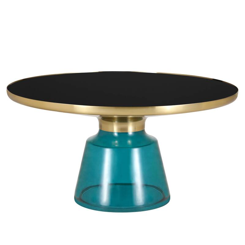 30-Inch Round Coffee Table Glass/Stone Tabletop with Gold Iron Rim Frame Glass Pedestal Base