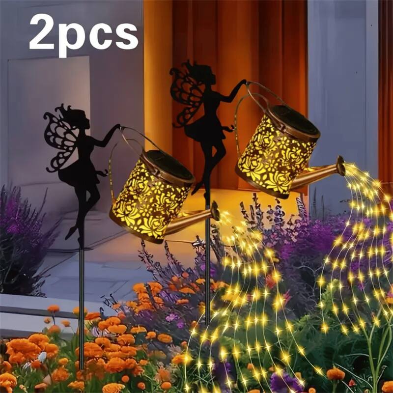 Warm light 2 PCS Fairy Garden Decor Light with Solar Watering Can - Gold