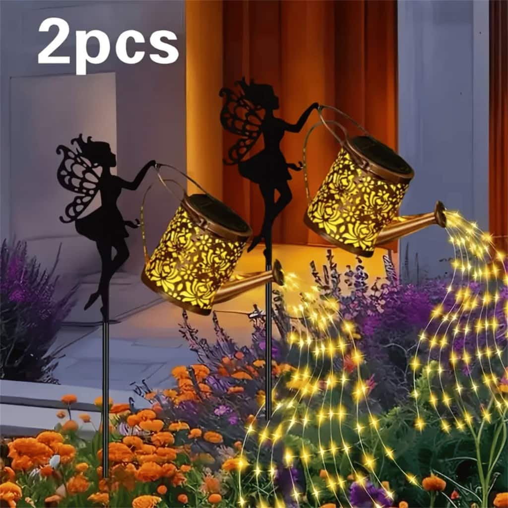 Warm light 2 PCS Fairy Garden Decor Light with Solar Watering Can