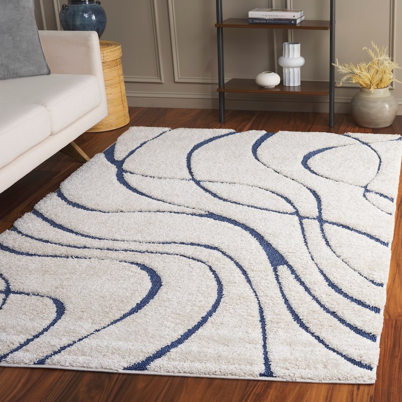 SAFAVIEH Florida Shag Staka Abstract Waves 1.2-inch Area Rug - 9'6" x 13' - Cream/Blue