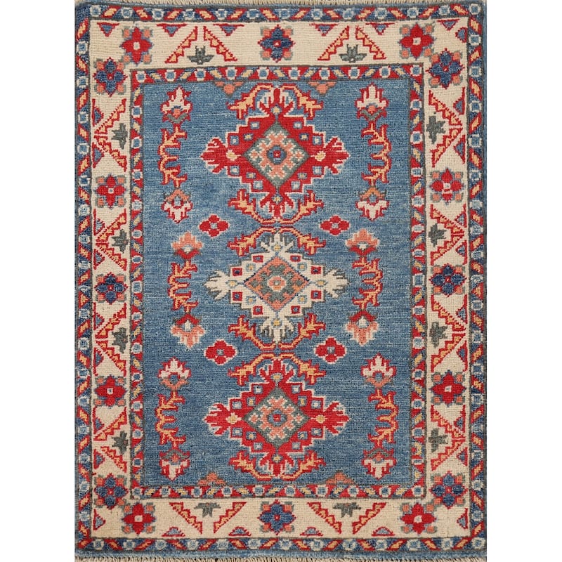 Blue Geometric Kazak Oriental Foyer Rug Handmade Wool Carpet - 2'1" x 2'10"