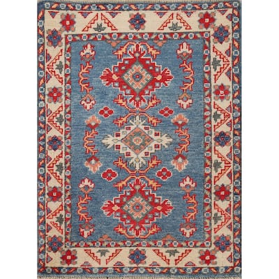 Blue Geometric Kazak Oriental Foyer Rug Handmade Wool Carpet - 2'1" x 2'10"