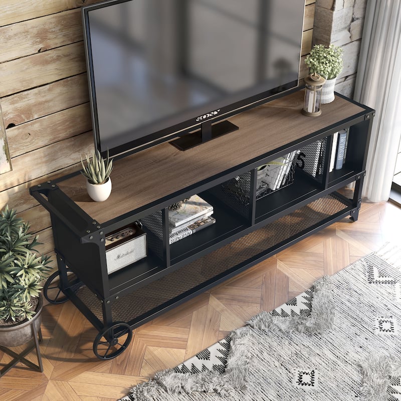 Krueger Rustic Sand Black 68-inch Steel Powder Console with Wire Mesh by Furniture of America