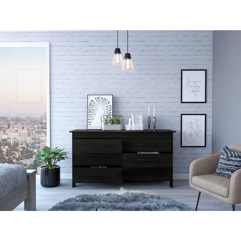 6-Drawer Double Dresser in Black Finish with Four Legs, Superior Top, Smooth Glide Drawers, and Contemporary Look