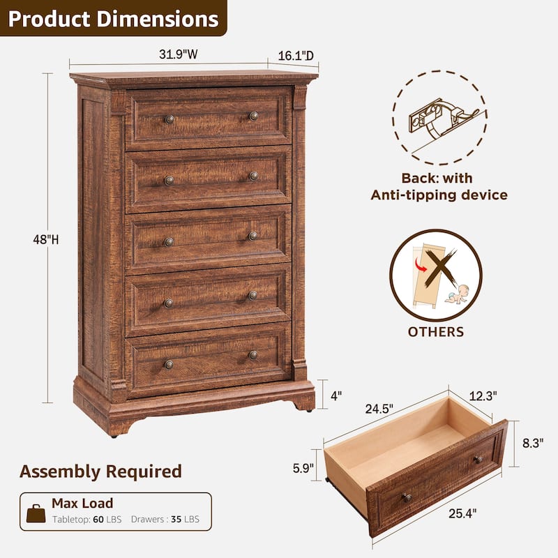 Farmhouse 5 Drawers Dresser, Wood Rustic Chest of Drawers for Bedroom