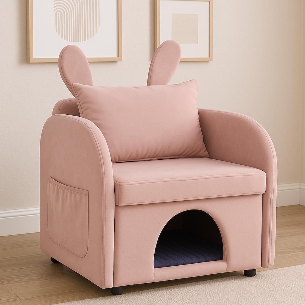 Velvet Bunny-Ear Pet-Friendly Armchair with Built-in Cat & Dog Hideaway, Plush Dual-Use Sofa Chair