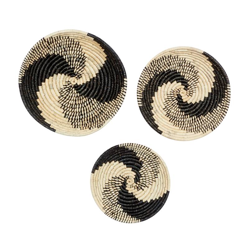 Black Seagrass Handmade Spiral Basket Plate Home Wall Decor (Set of 3)