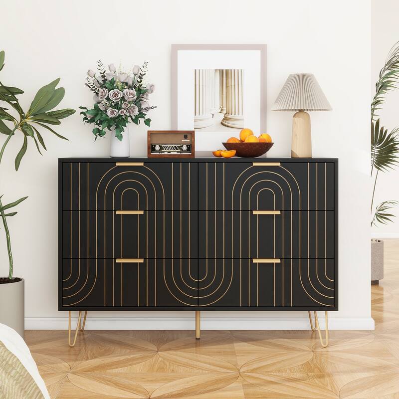 Modern 6 Drawer Dresser with Metal Handles - Black