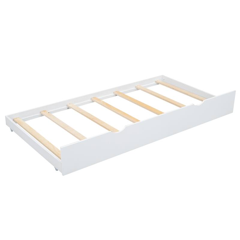 White Full Size Wood Platform Bed with Headboard and Twin Trundle