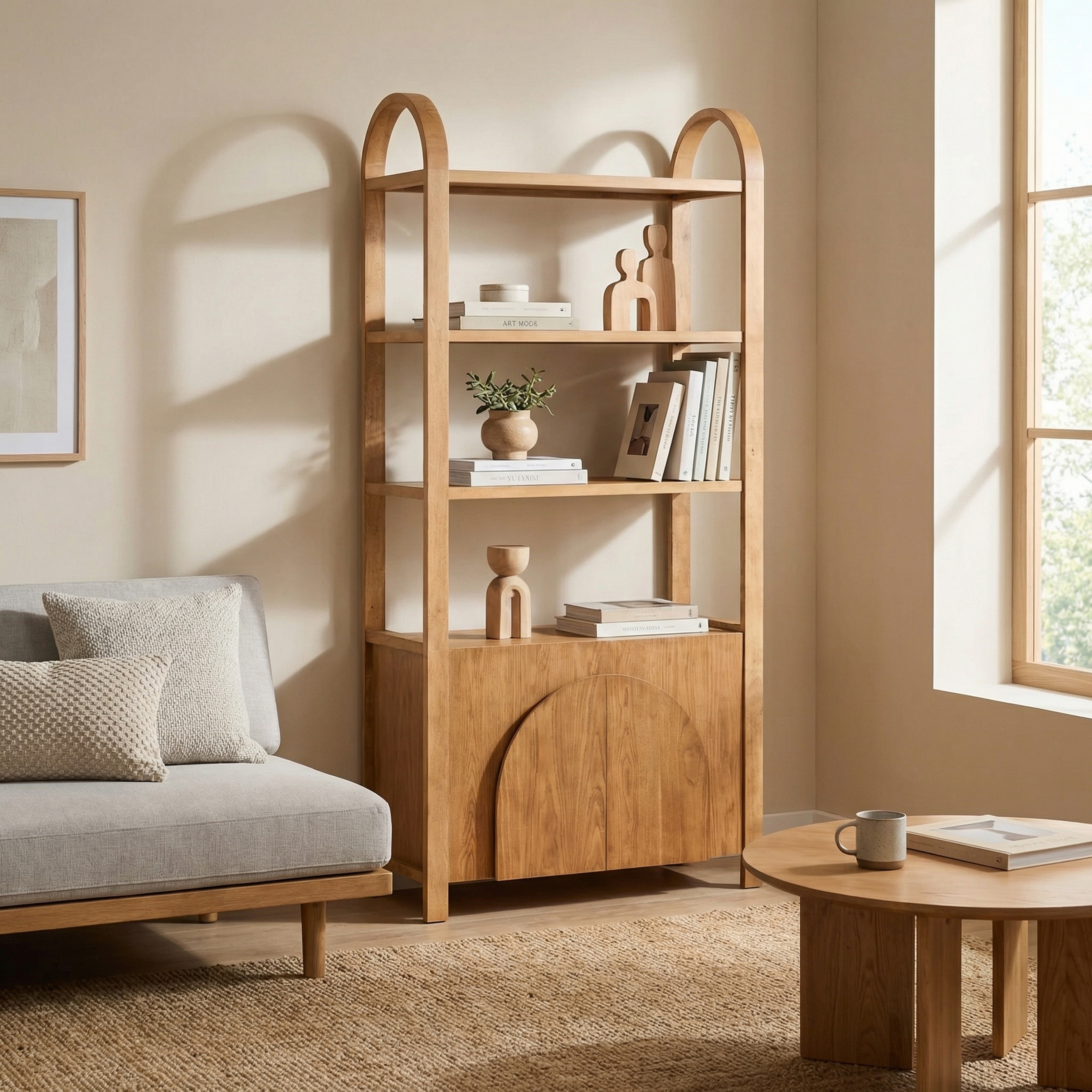 82 in. Brown Natural Wood Grain 2 Door 3 Shelf Etagere_Bookcase