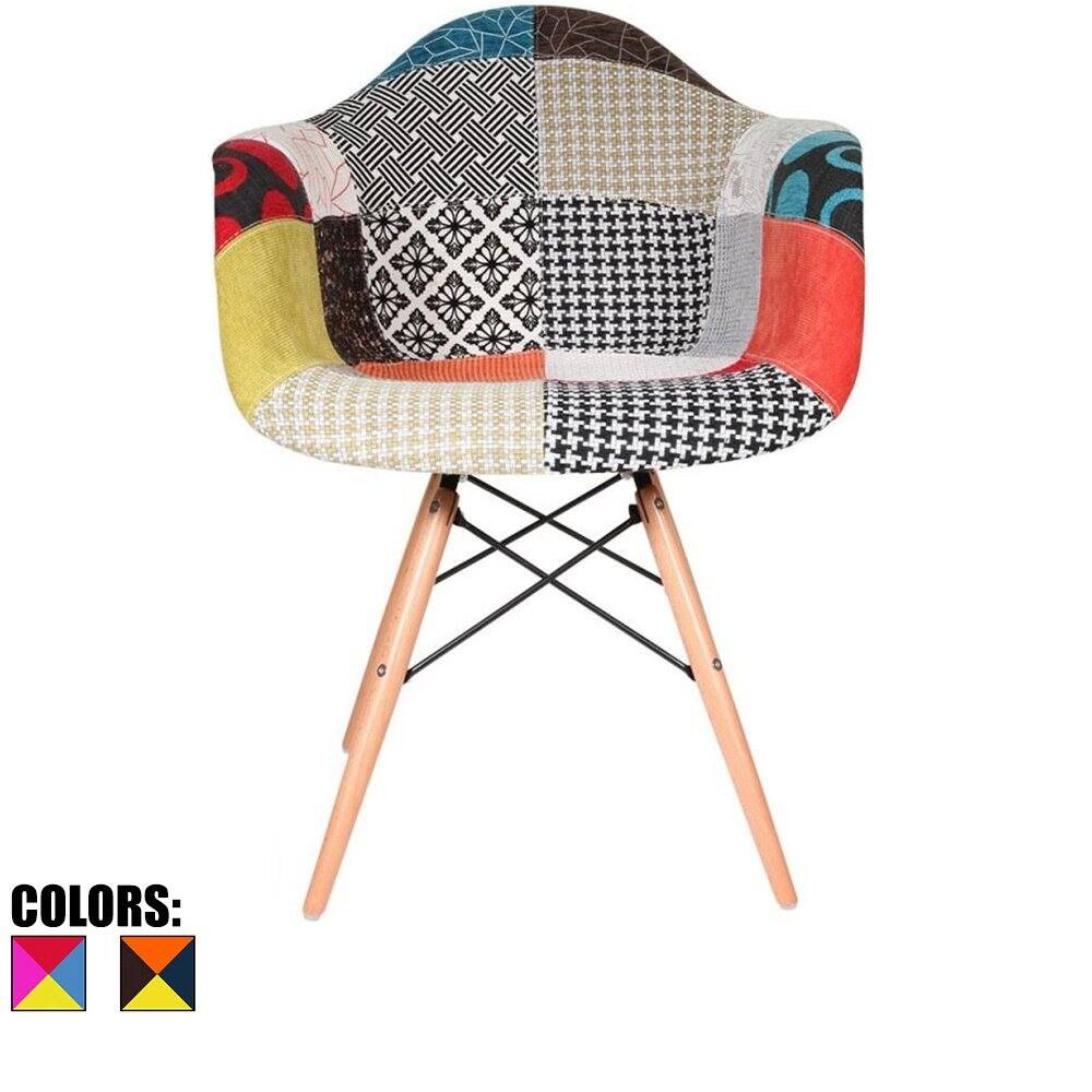Modern Armchair With Arm Dining Chair Patchwork Fabric with Natural Wood Legs
