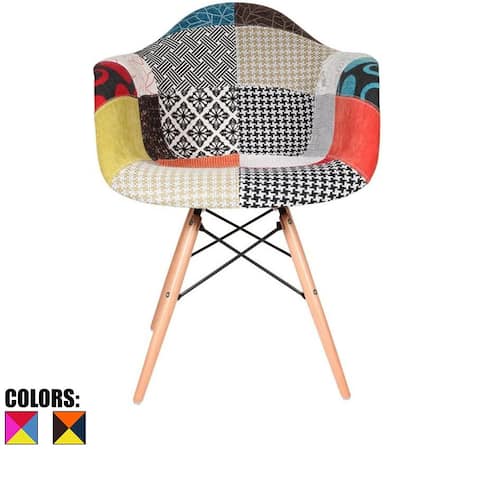 Modern Plastic Armchair With Arm Dining Chair Patchwork Fabric with Natural Wood Legs