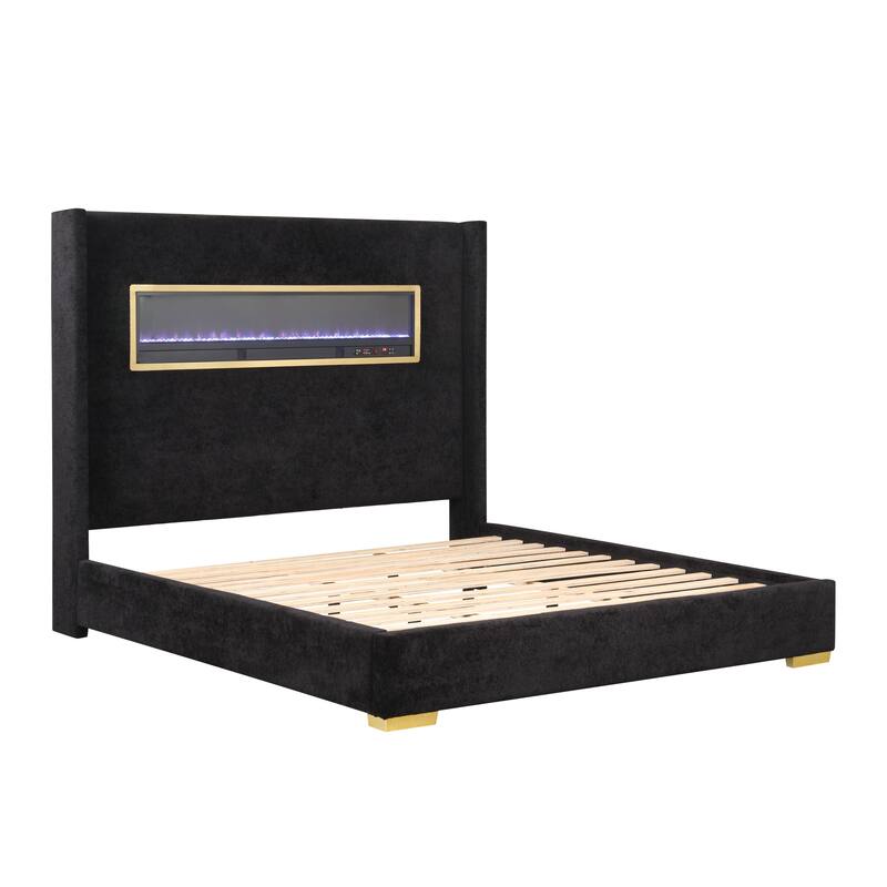 Furniture of America Stephanie Modern Boucle Bed with 3D Fireplace Simulator and Bluetooth Audio