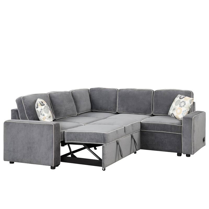 L-Shaped Pull Out Sofa Bed Modern Convertible Sleeper Sofa with 2 USB ports, 2 Power Sockets and 3 Pillows