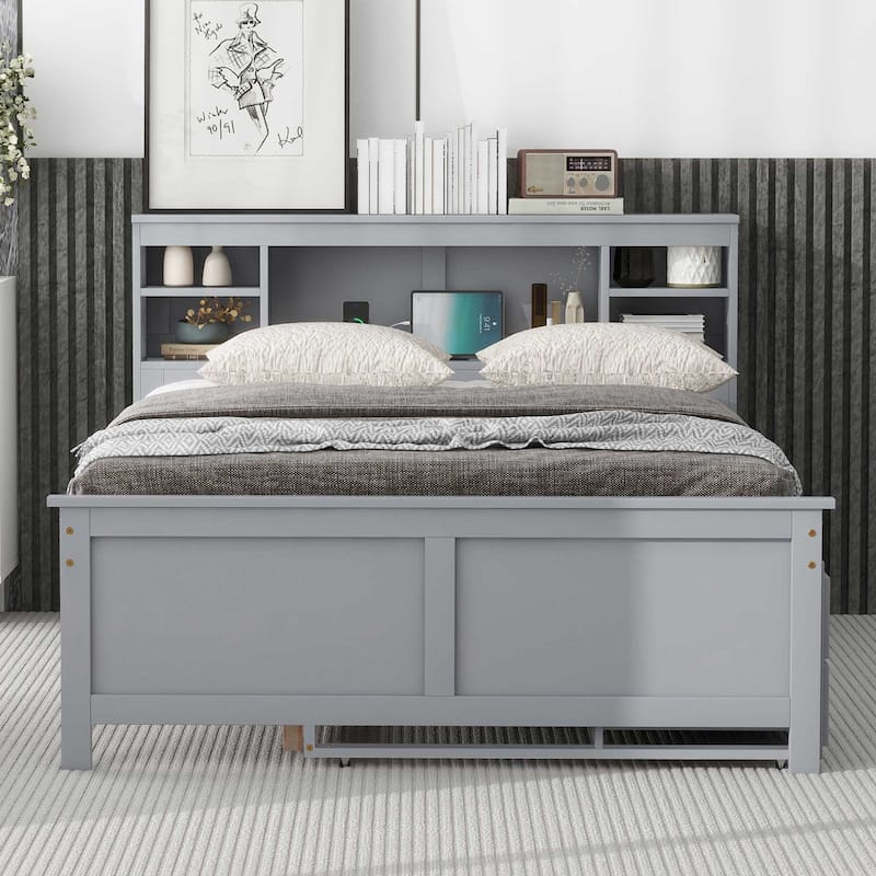 Full Size Platform Bed with Storage Headboard, USB, Twin Trundle, and 3 Drawers in Gray