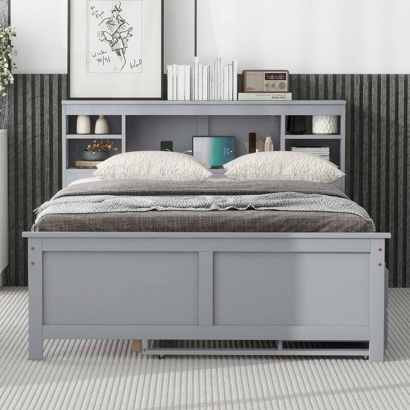 Space-Saving Twin/Full Platform Bed with USB Headboard, Trundle, and Storage Drawers