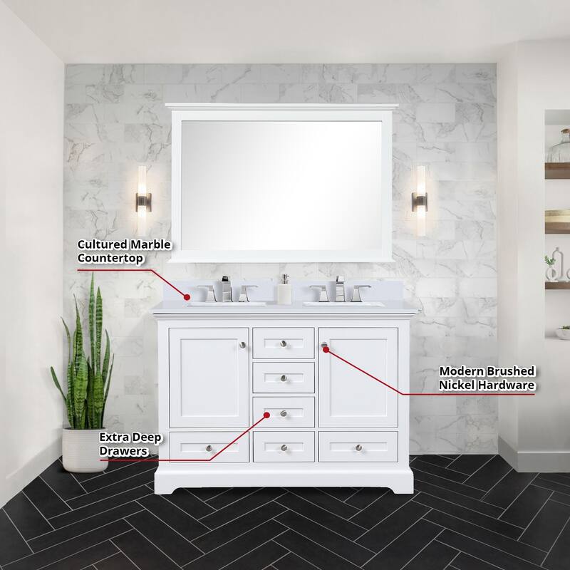Dukes 48 in. W x 22 in. D Navy Blue Double Bath Vanity, Cultured Marble Top, and 46 in. Mirror