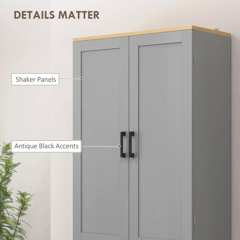 Freestanding Kitchen Pantry, 4-Door, Adjustable Shelves and Doors
