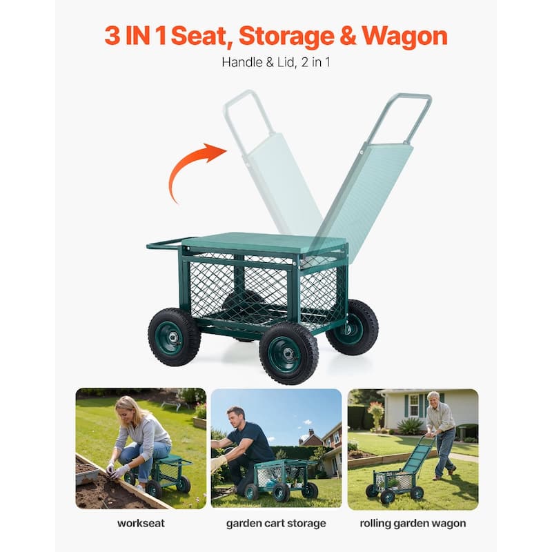 Green and Black Heavy-Duty All Metal Rolling Garden Cart with EVA Seat and Rubber Wheels - 19.1 x 14.5 x 16.53 inch