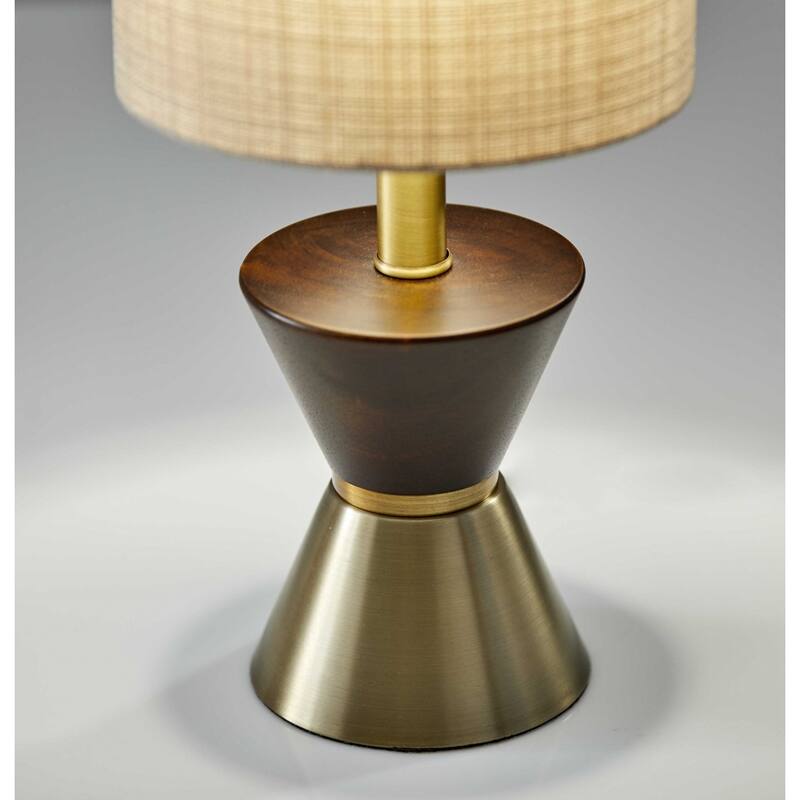 Dark Brown Walnut Wood Brass Base Mid Century Table Lamp with Beige Drum Shade - 8” x 8” x 23” (D x W x H)