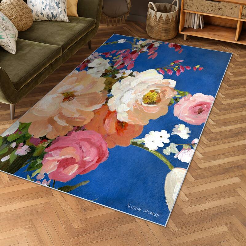 Midnight Flowers I, Hand Washable Art Area Rug, power-loomed, 100% polyester, 2mm pile, non-slip back