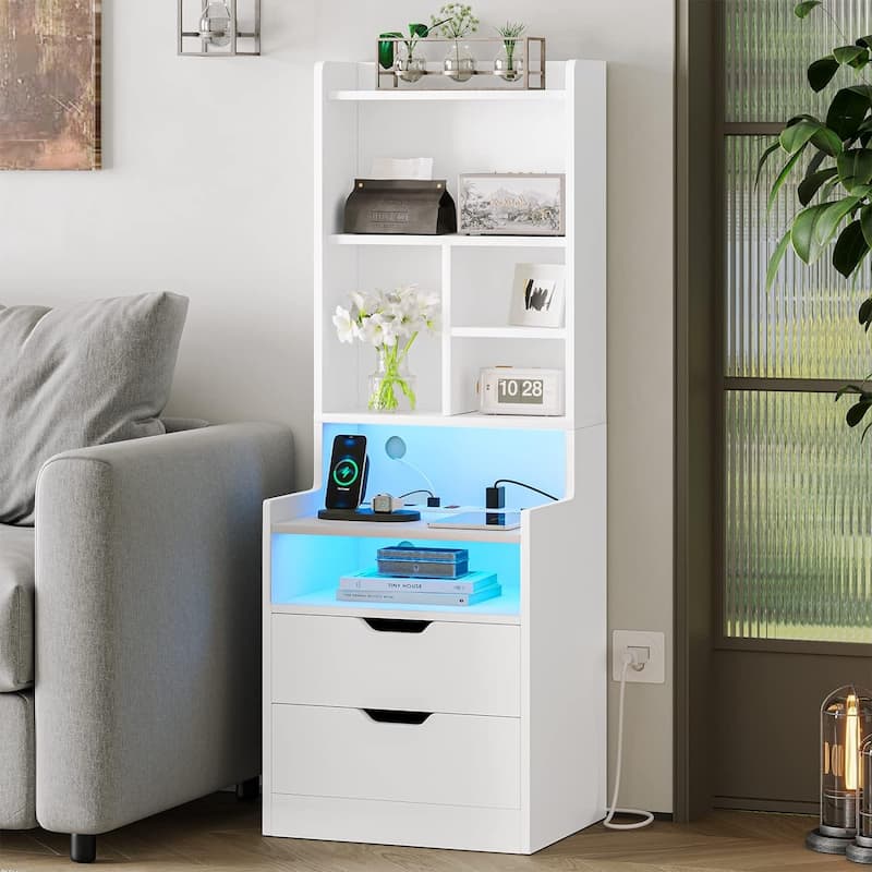 Nightstand with Bookshelf Tall Night Stand 2 Drawers