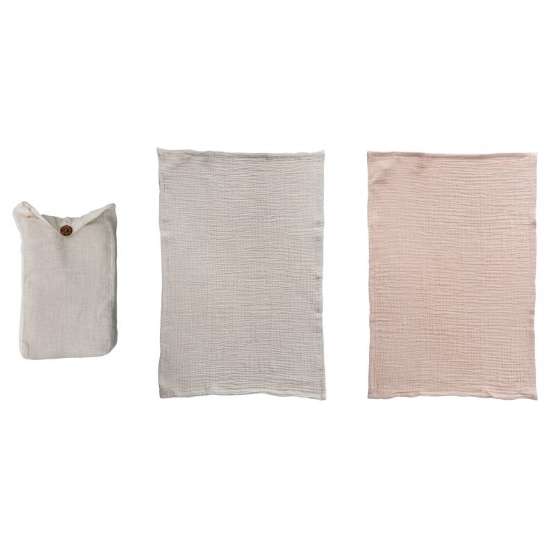Cotton Tea Towels in Bag, Set of 2 - 28.0"L x 18.0"W x 0.3"H - Pink & Grey