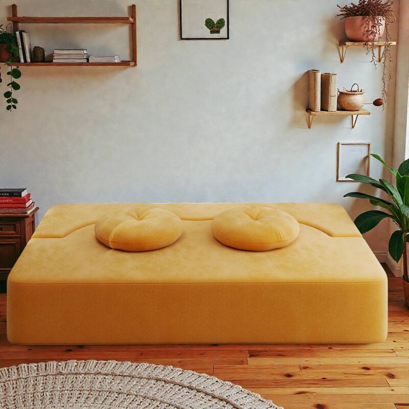 Convertible Floor Sofa Bed with 2 Pillows, Plush Corduroy Foam-Filled Folding Mattress, Full Size Sleeper, No Assembly Needed