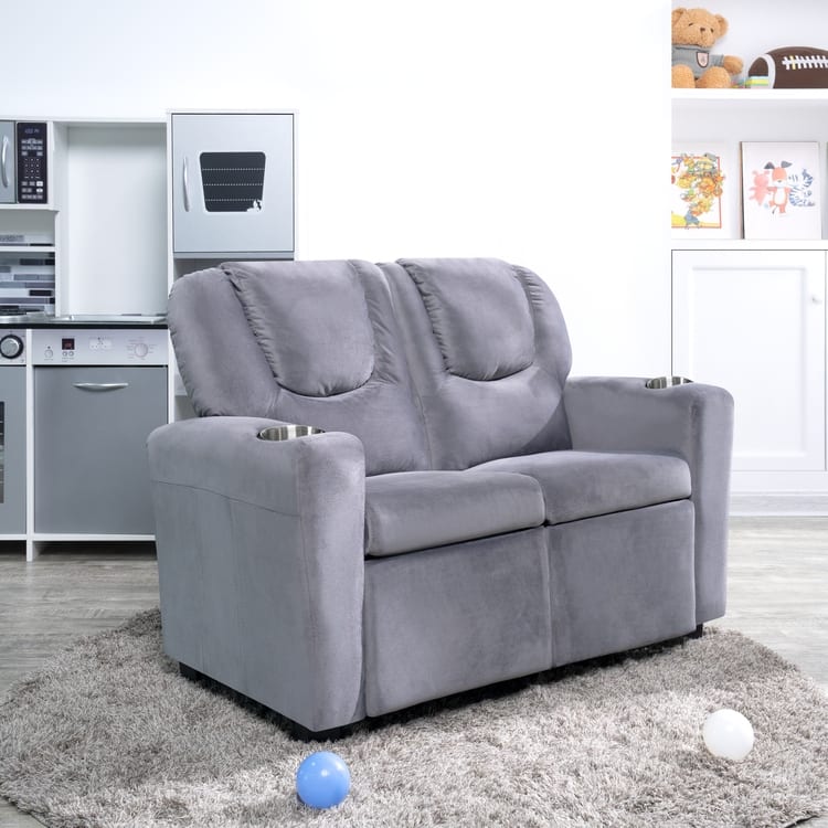 Kids Push Back Loveseat Recliner with Cup Holders, Adjustable Footrest & Headrest, Two Seat Recliner Sofa for Boys and Girls