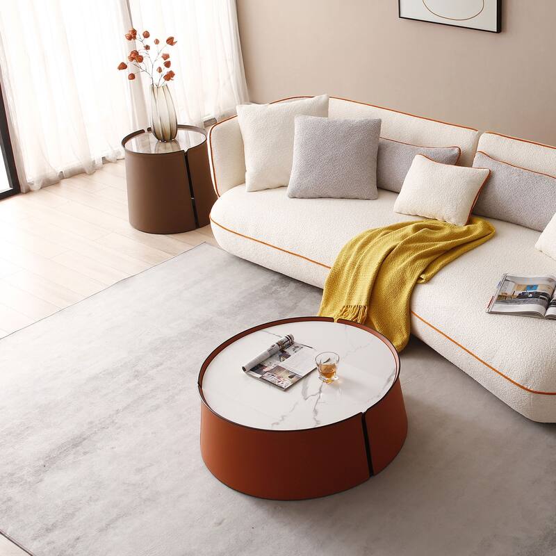Coffee Table, Marble Top+Orange Saddle Leather Body+Iron Frame