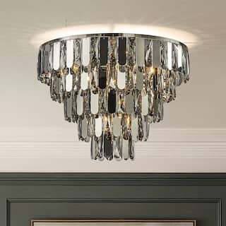 Dimmable Smoked Crystal Flush Mount Ceiling Light Round with Polished Nickel Finish and Stainless Steel Accents for Dining Room