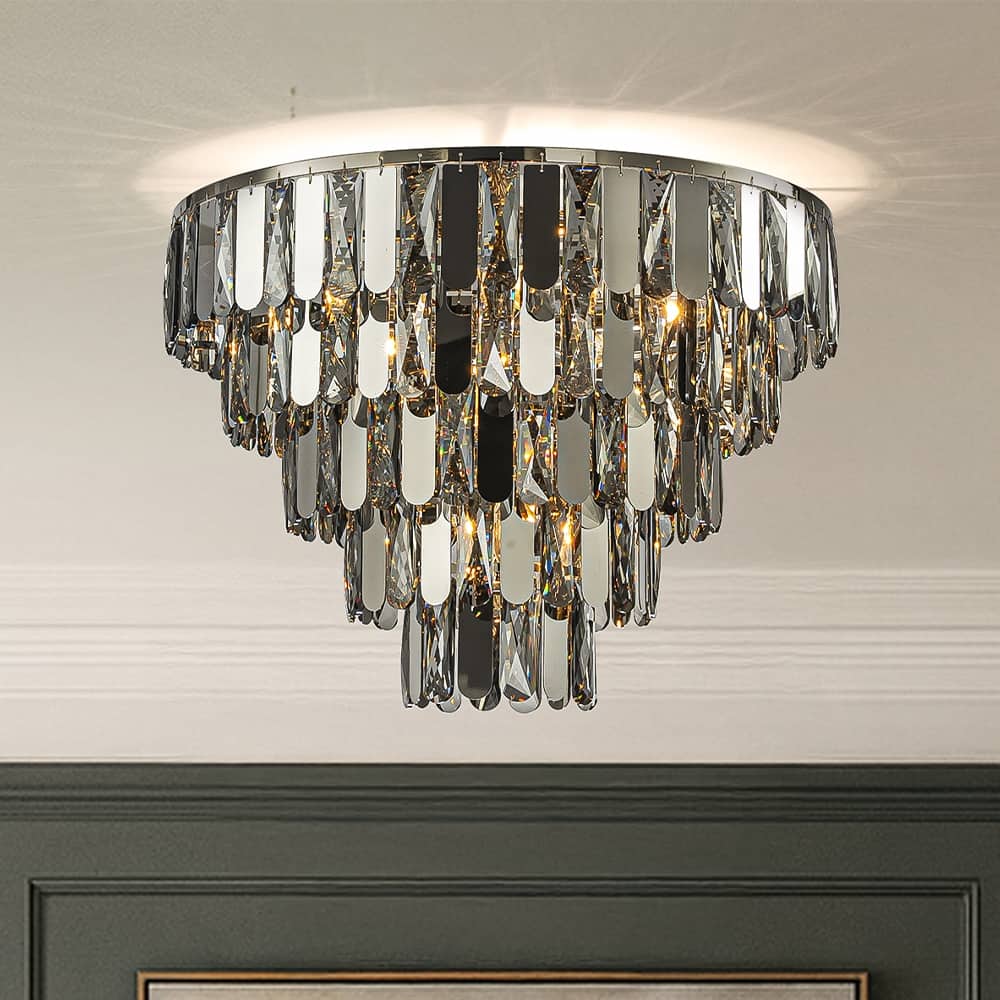 Dimmable Smoked Crystal Flush Mount Ceiling Light Round with Polished Nickel Finish and Stainless Steel Accents for Dining Room