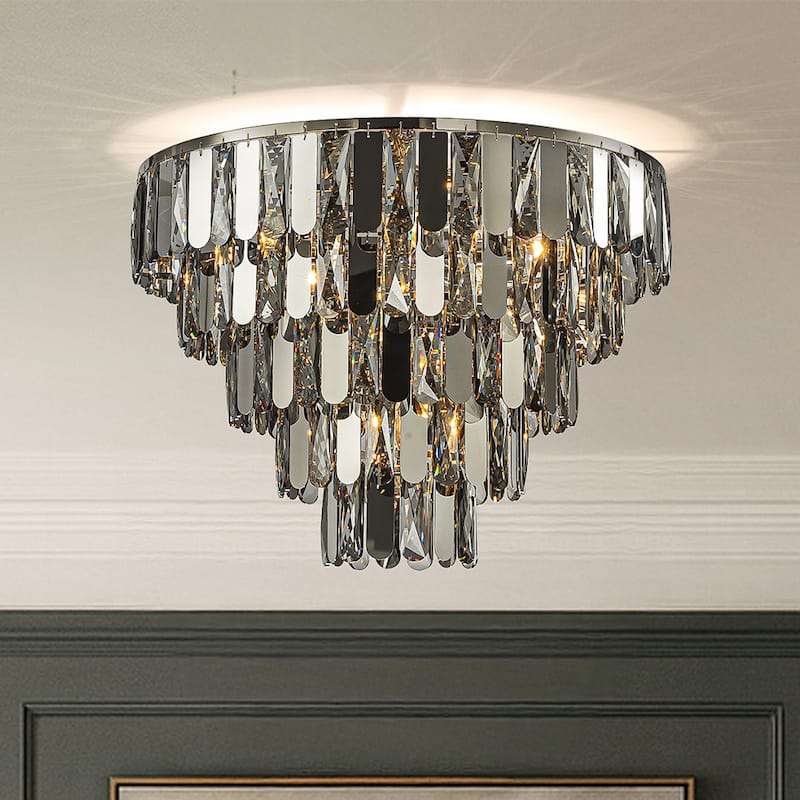 Dimmable Smoked Crystal Flush Mount Ceiling Light Round with Polished Nickel Finish and Stainless Steel Accents for Dining Room - W22''