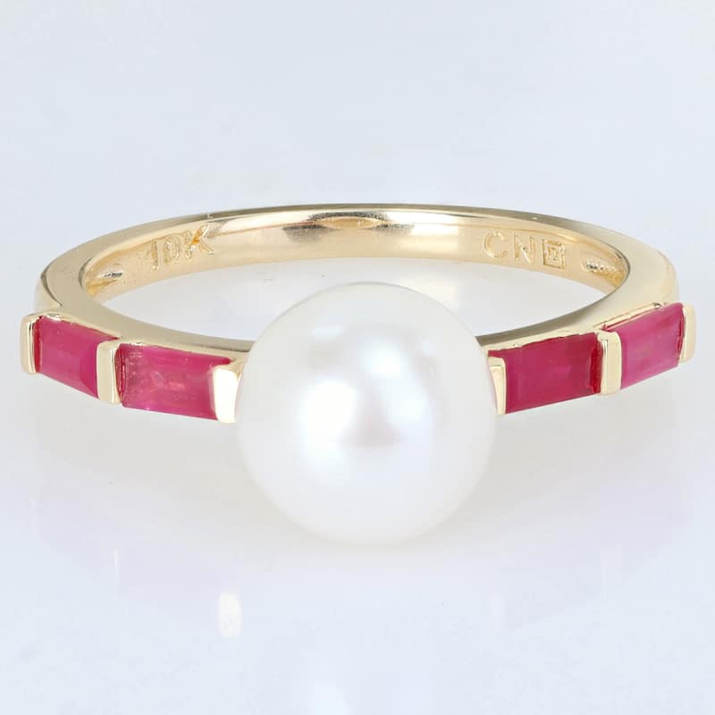 Miadora 8-8.5mm Cultured Freshwater Pearl 3/4ct TGW Baguette Ruby Ring 10k Yellow Gold