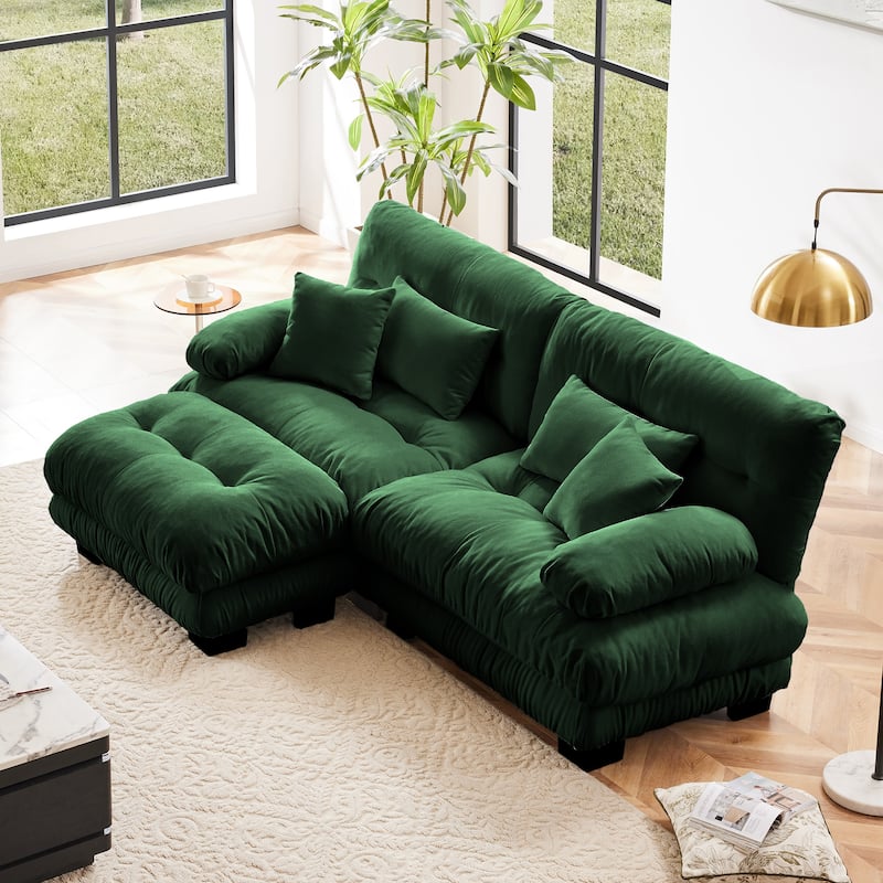 Modular Chenille 2-Seat Cloud Couch Sectional Sofa with Convertible Ottoman and Lumbar Pillows for Living Room
