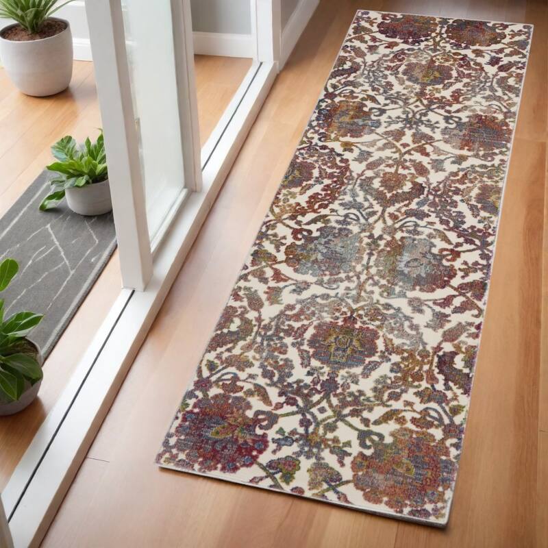 Jiqat Power Loomed Distressed Abstract Floral Traditional Non Skid Area Rug By HomeRoots - 72' X '24' X '0.5 - 72' X '24' X '0.5 - Cream/Onyx - Runner