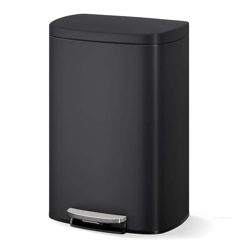 13 Gallon Step-on Stainless Steel Kitchen Trash Can, Rustproof Garbage Can with Lid - Black