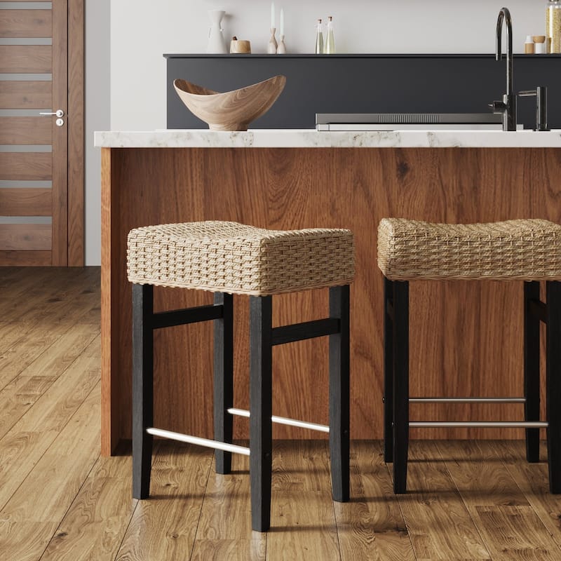 Harvey Rattan Bar Stool, Bohemian Counter Height Stool with Woven Seagrass Seat, Solid Wood Legs, and Metal Footrest - Single - Seagrass/Brushed Black