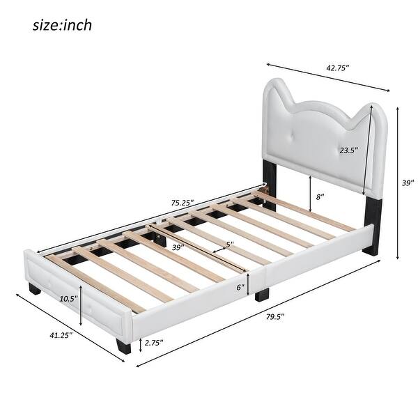 dimension image slide 1 of 4, Cute Pine Wood Upholstered Platform Bed, Cartoon Ears Headboard, Sturdy Construction