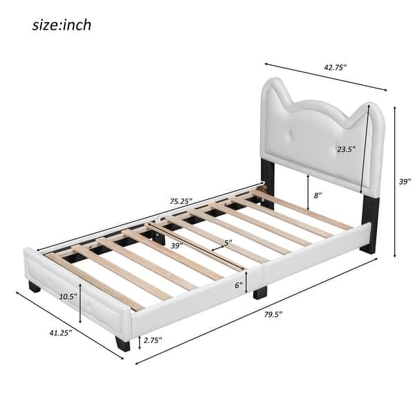 dimension image slide 1 of 2, Twin Upholstered Platform Bed with Carton Ears Shaped Headboard