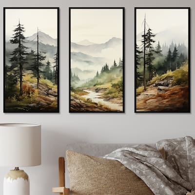 Designart "Mountains Whisper Fog Serenity" Minimalism Framed Art Set of 3 Modern Wall Art Set Green Wall Decor 3 Pieces