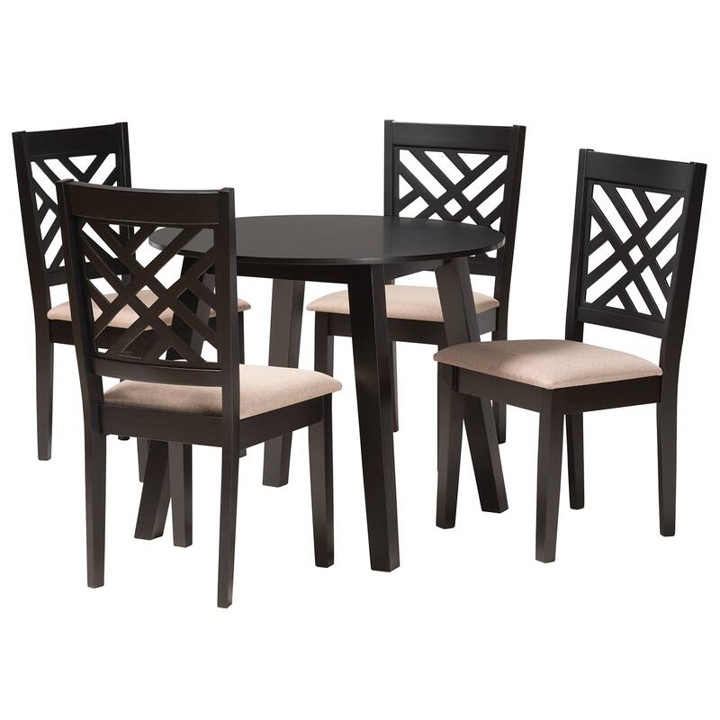 Ellie Modern Beige Fabric and Dark Brown Finished Wood 5-Piece Dining Set - Beige, Dark Brown