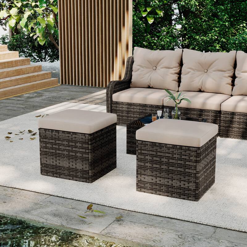 Outdoor Patio PE Wicker Ottoman with Cushion Set of 2