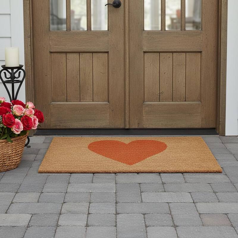 HomeRoots 24" X 48" Brown And Orange Heart Outdoor Coir Door Mat - 24.00' X '48.00 - 24.00' X '48.00