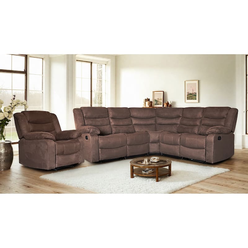 Recliner and Sectional Sofa Set, Suede 6-Piece Manual Reclining Sectional Sofa Set with Dropdown Table - Brown